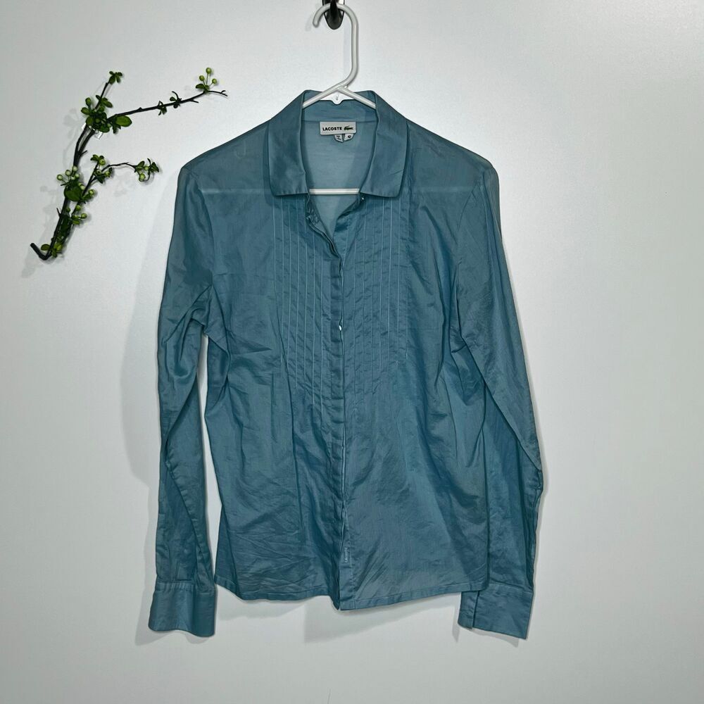 Lacoste Light Blue Button Down Front Gathered Long Sleeve Shirt Blouse 100% Cott